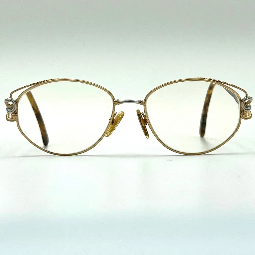 Vintage Tura Eyeglass Frames France Gold Metal Oval Tortoise Temple 798 GLR 90s